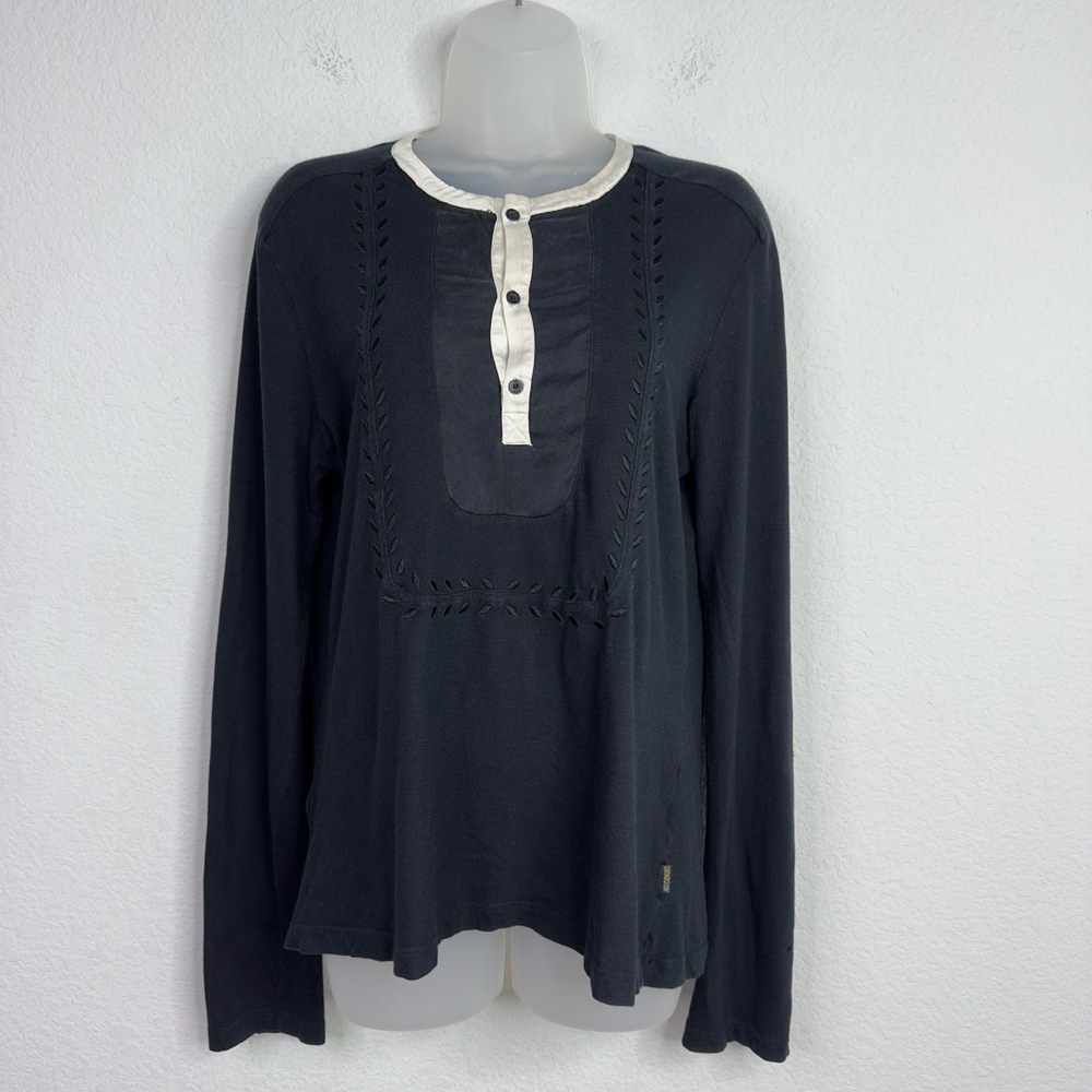 Just Cavalli Shirt Women 50 Black Silk Trim Embroidered Boho Designer Y2K Henley